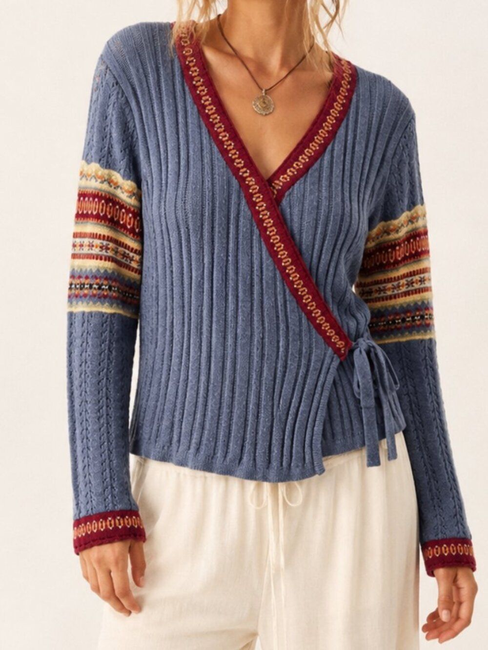Hanna Andersson 100% Cotton Fair Isle Wrap Cardigan Sweater Blue Red Boho Nordic